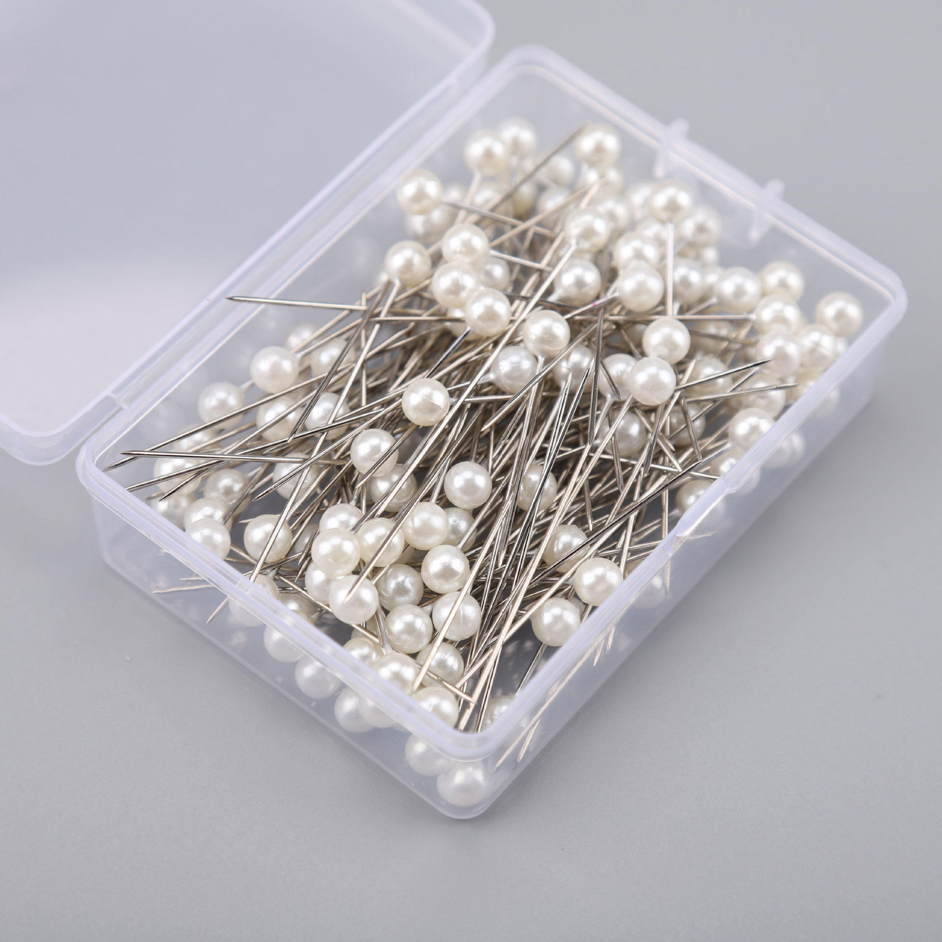 6*65 mm100 accesorios en caja, aguja decorativa fija, aguja perlada brillante, aguja perlada blanca