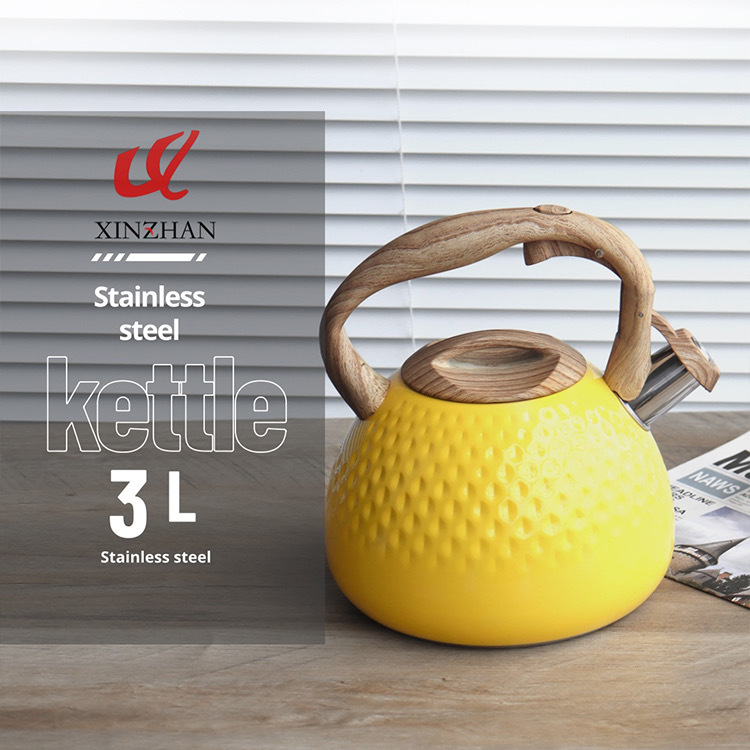 Transfronterizo nuevo amarillo martillado silbato hervidor 3L té café sonando hervidor europeo y americano utensilios de cocina olla de canto plana