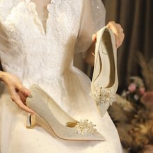 C788-61水晶婚鞋女2025年新款金色秀禾主婚纱伴娘新娘鞋百搭32-43