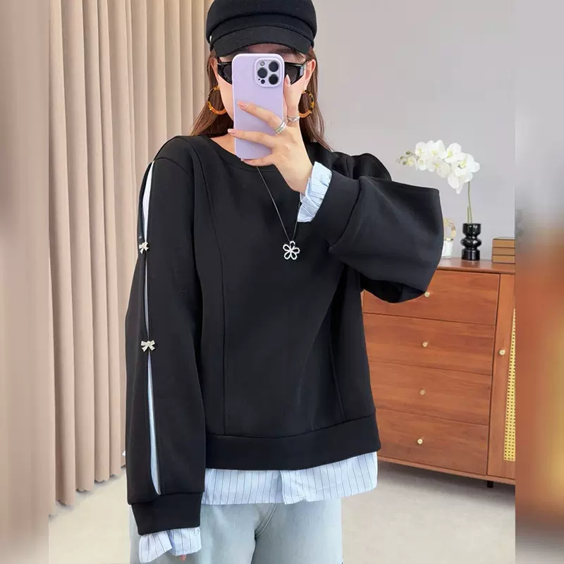 双天2025秋新款大码胖mm女装设计感拼接假两件长袖卫衣上衣女9080
