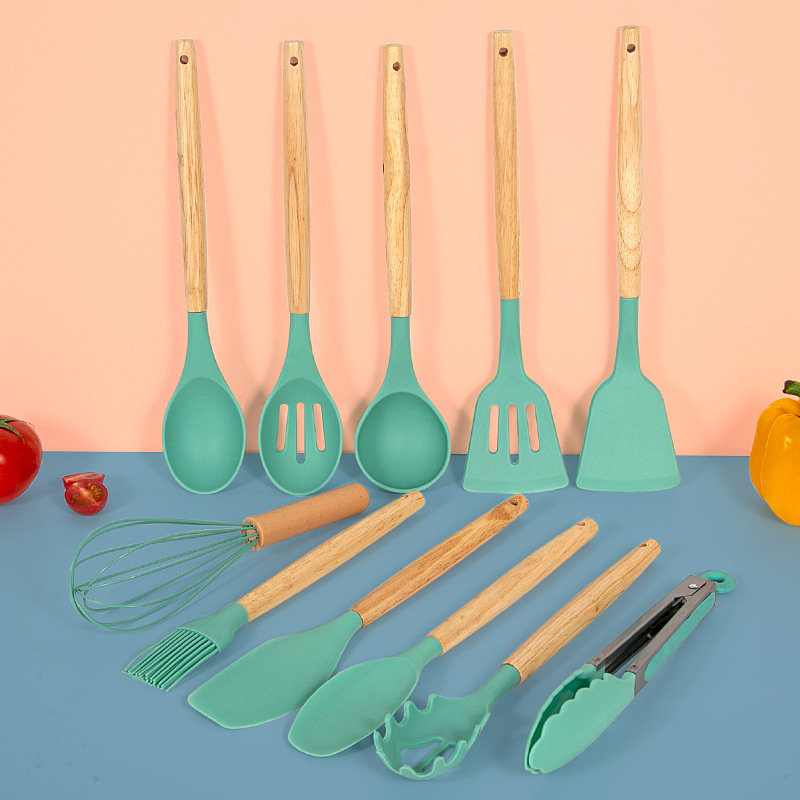 Mango de madera de cocina de silicona 19 piezas de cocina antideslizante antiadherente conjunto de cocina de aluminio