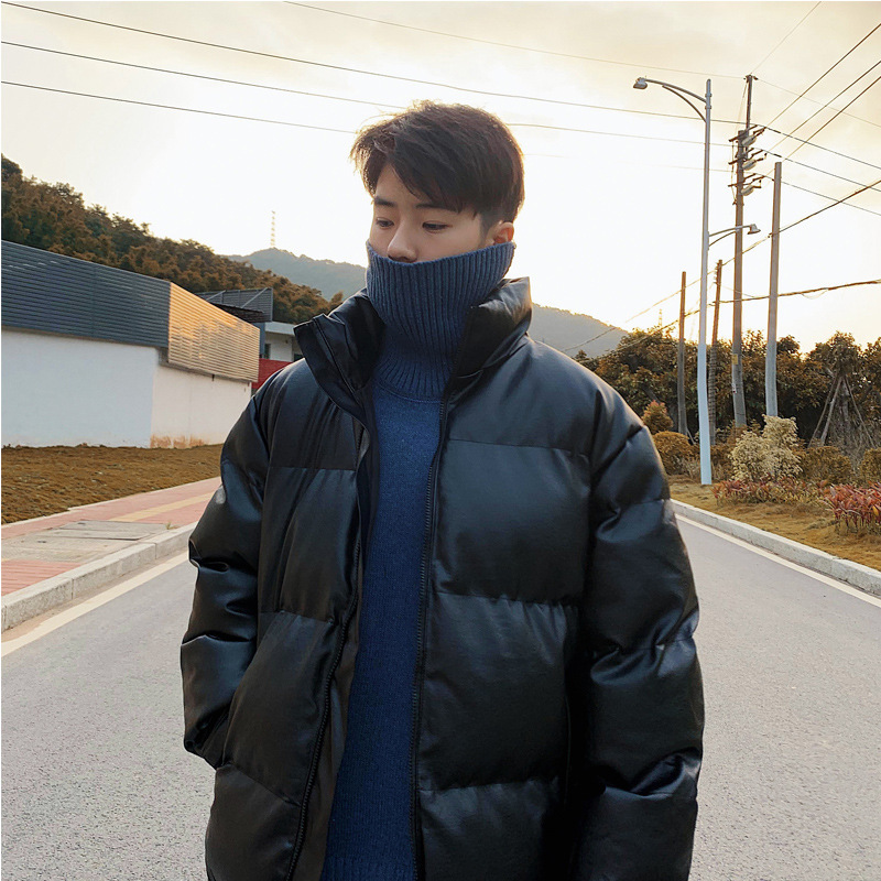 Abrigo de algodón acolchado de invierno para hombres japoneses collar de pie PU abrigo de cuero otoño e invierno abrigo de pan coreano ins abrigo suelto de algodón acolchado ropa de hombre