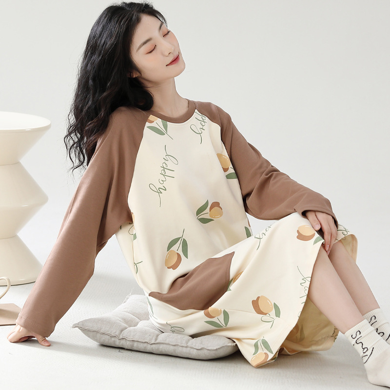 Camisón con almohadilla en el pecho Otoño e Invierno de las mujeres de manga larga de algodón puro pijamas de niña linda al por mayor de fábrica dulce directo se puede usar fuera