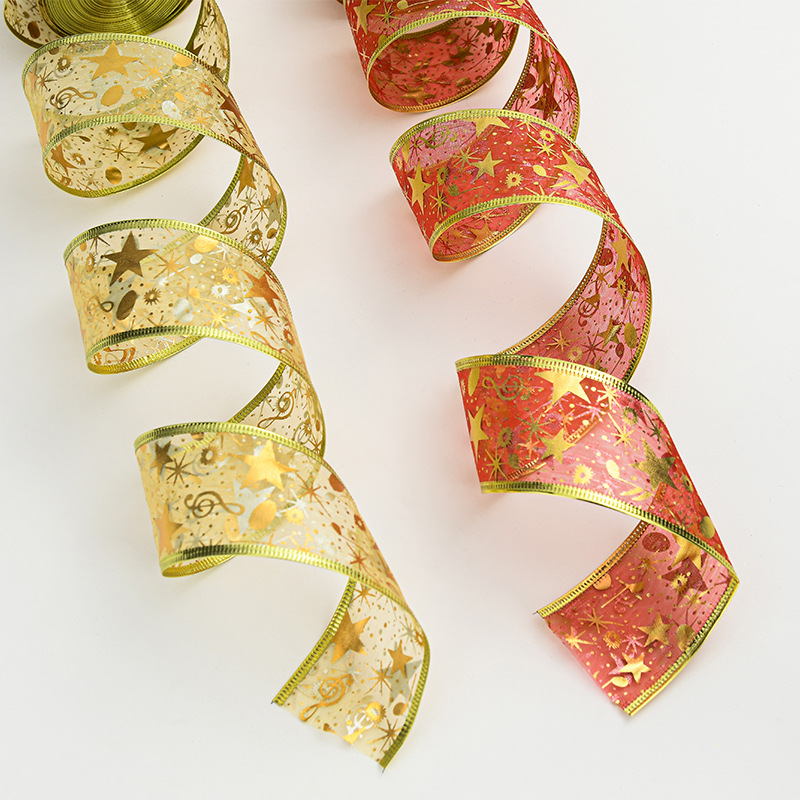 Venta caliente transfronteriza Navidad 2/5 M de doble capa dorado cinta de malla impresa gancho estrella de cinco puntas cinta de alambre de nylon