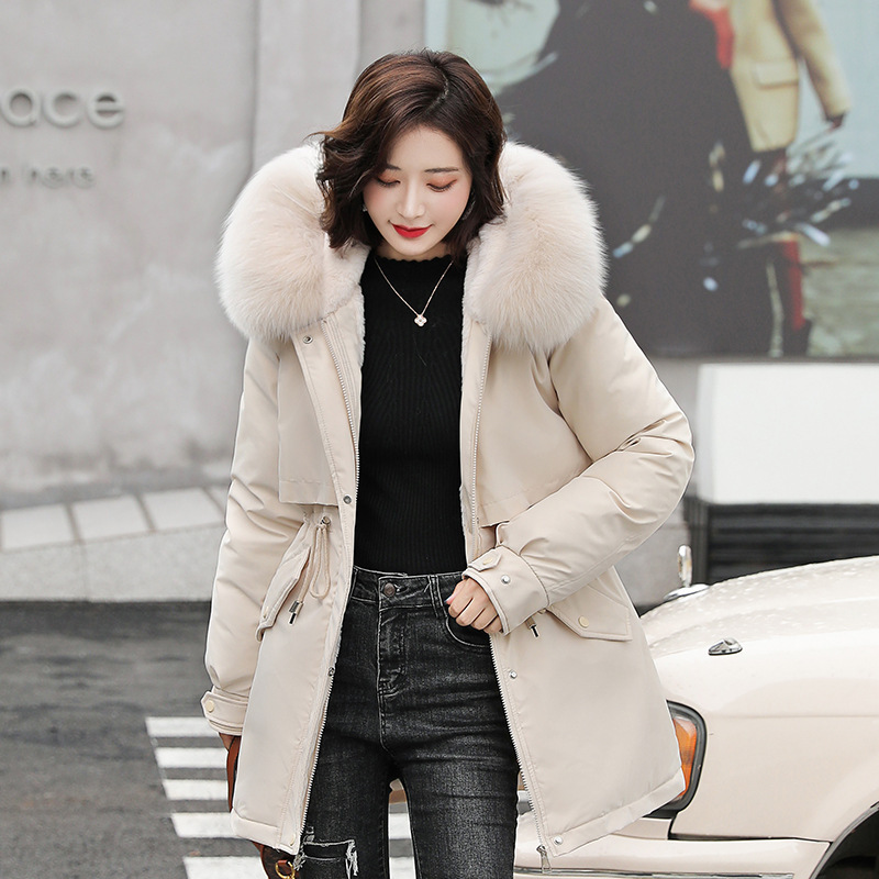 Fleece-lined Parker Women's Mid-length 2021 Winter New Korean Style Loose Big Wool Collar Fashionable Thickened Cotton-padded Jacket