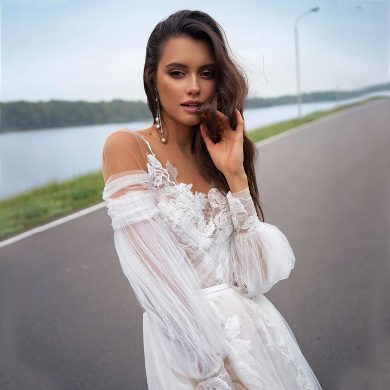 Amazon Spring and Summer Cross-Border Supply Bohemian Retro Style Tulle A-Line Dress Sexy V-Neck Long-Sleeved Wedding Dress