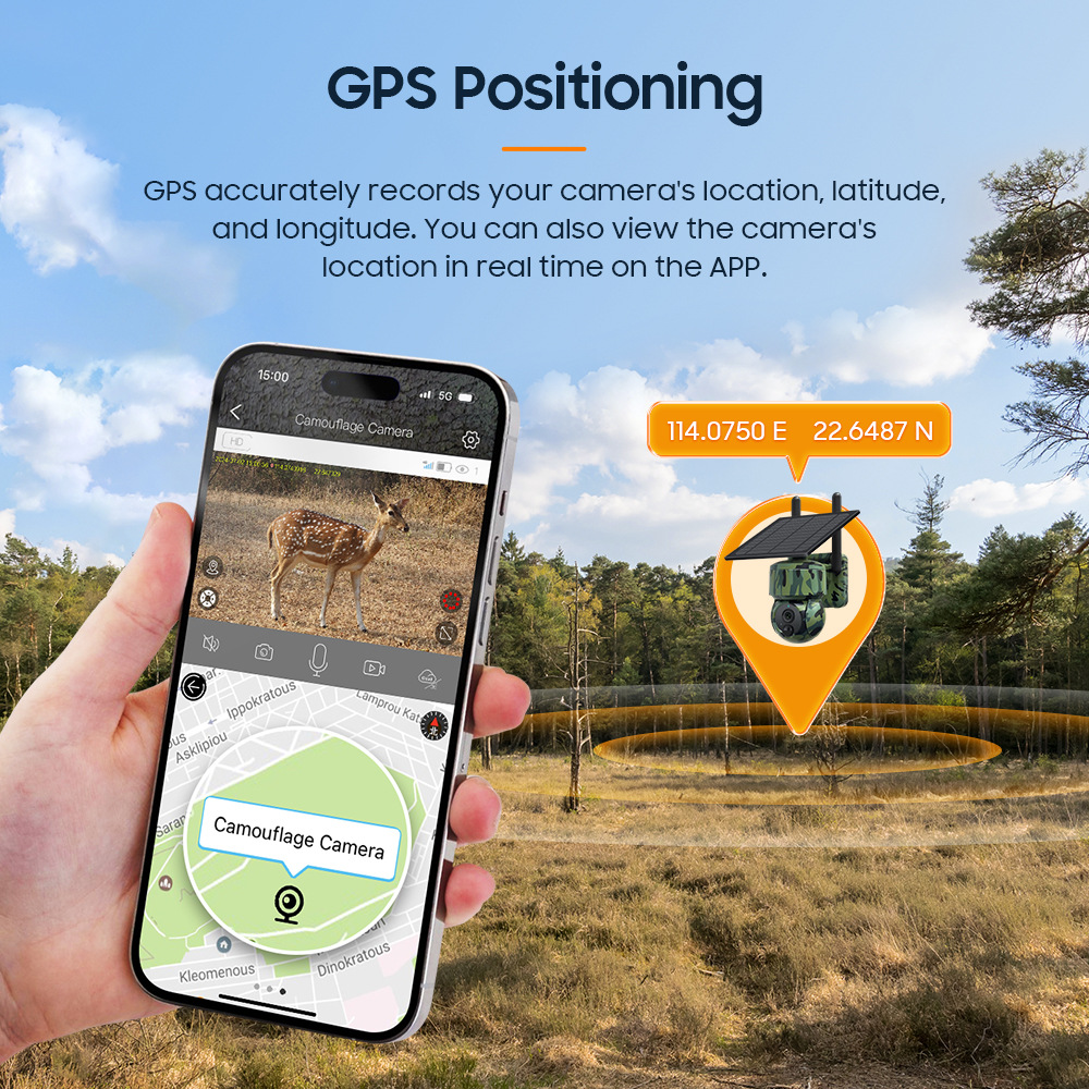 Cámara de caza de posicionamiento GPS 3MP HD visión nocturna al aire libre de baja potencia cámara de camuflaje de monitoreo solar 4G