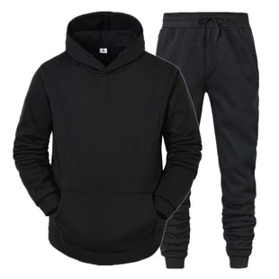 Foreign Trade Autumn and Winter Fleece-Lined Thickened Warm Hoodie Sweatshirt European Size Men's Solid Color Sports Sweatshirt and Sweatpants Set for Men