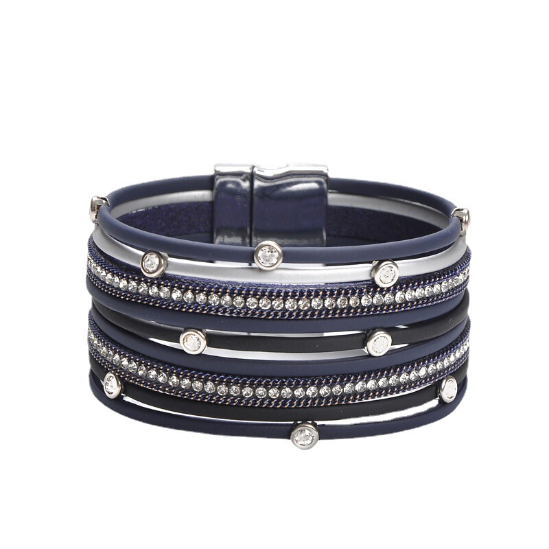 Fashionable Individually Packaged Leather Multi-Layer Pu Bracelet with Rhinestones and Magnetic Clasp, Versatile Geometric Chain for Layering