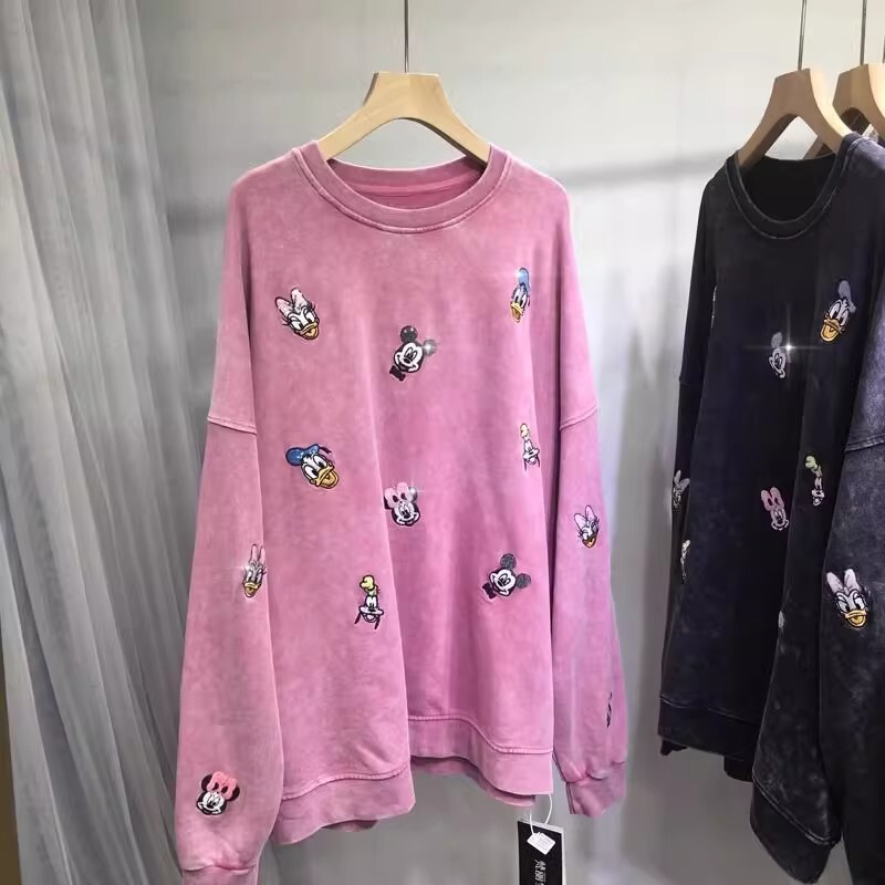 Oversize 1.00 kg-150.00 kg Chubby M Heavy Industry Embroidered Sweatshirt Women's Cute Mickey Loose Long Sleeve Autumn and Winter Top