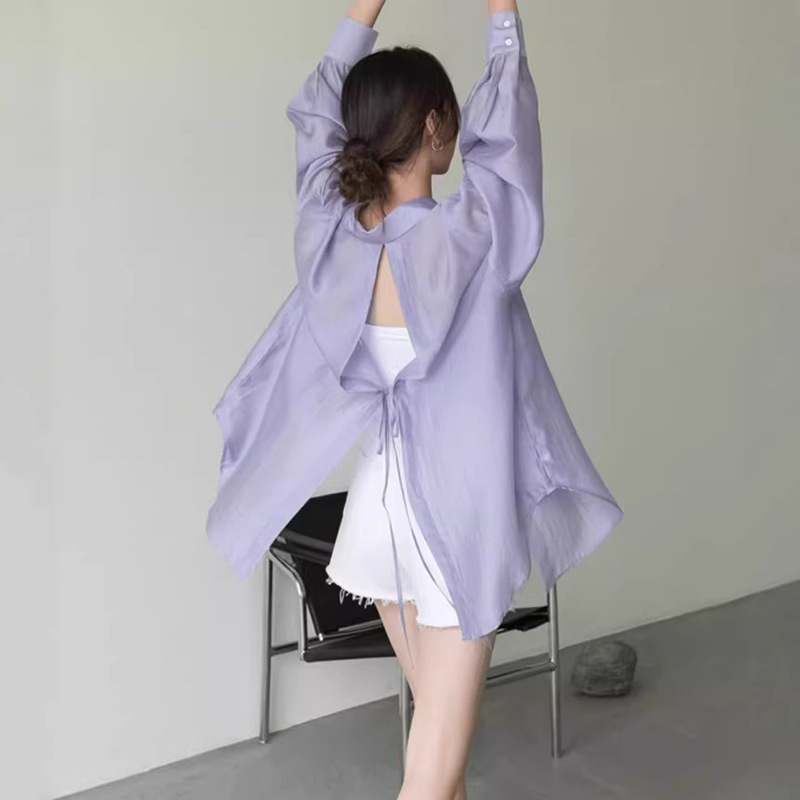Purple Lightweight Sun-Protective Backless Shirt for Women with Back Slit, Summer Long-Sleeve Thin Shirt Jacket