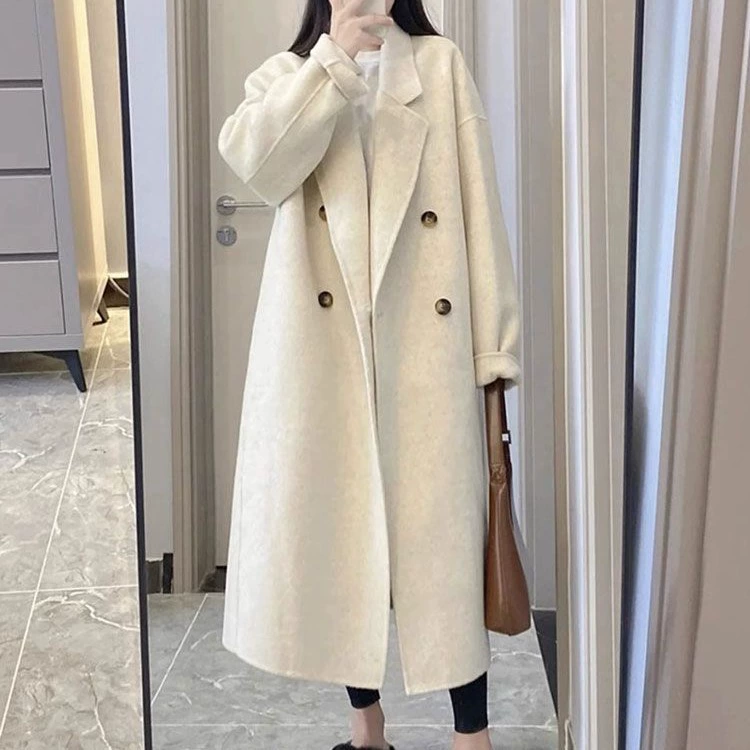 Demi‑season long woolen coat, mid‑length, Korean style, Hepburn‑inspired