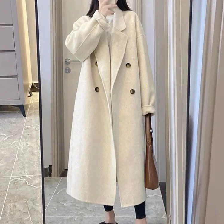 Demi‑season long woolen coat, mid‑length, Korean style, Hepburn‑inspired