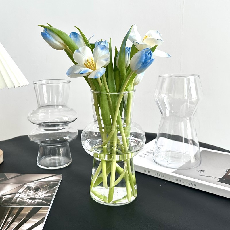 Minimalist Instagram-style transparent glass vase for water-growing fresh flowers, suitable for living room and bedroom, creative decorative accent