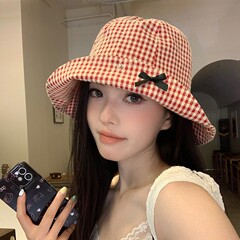 韓国風チェック柄リボンフィッシャーマンハット、女性用、夏の旅行や休暇に最適、小さな多用途のつば付き日焼け止めサンハット