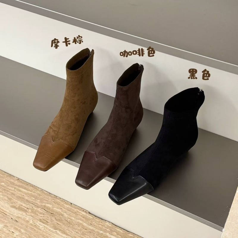 2025新款小众韩版绒面拼接短筒马丁靴女平跟弹力瘦瘦女靴|undefined