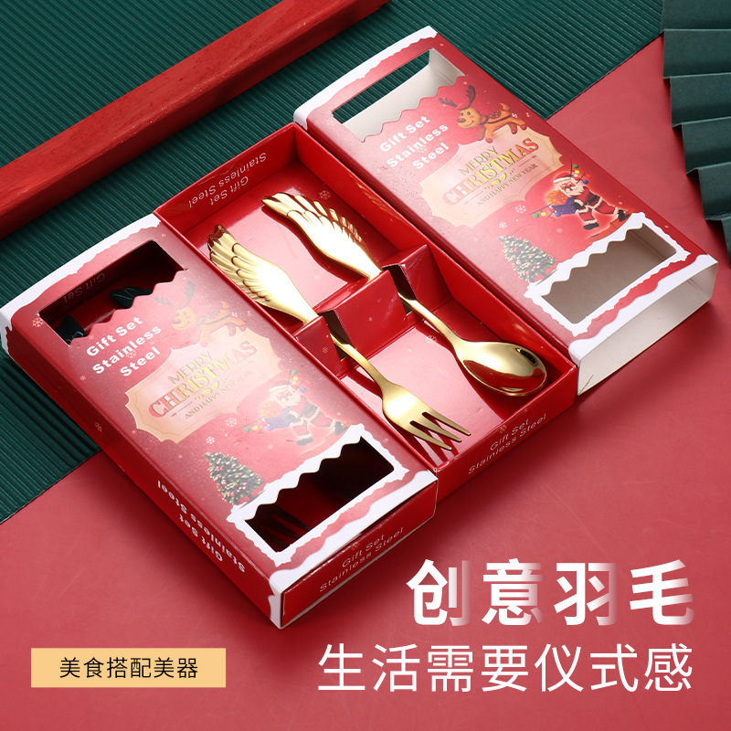 Cross-Border Stainless Steel Tableware Set Christmas Spoon and Fork Gift Box Golden Wing Spoon and Fork Coffee Stirring Spoon Dessert Fork
