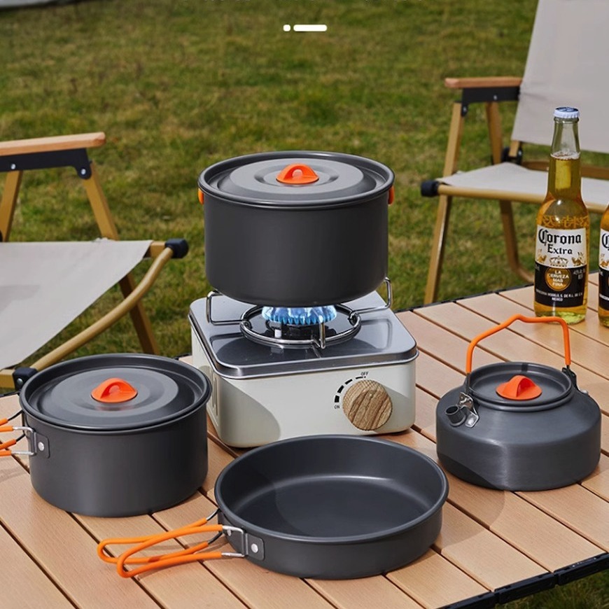 Utensilios de cocina al aire libre, juego de ollas, vajilla de camping, utensilios de camping, equipo de camping, juego completo de tetera, sartén, horno de tarjeta de cocción, transfronterizo