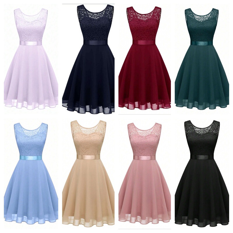 European and American fashion new lace spliced chiffon bridesmaid dress, sleeveless A-line dress with a slimming waist for weddings and parties European and American fashion new lace spliced chiffon bridesmaid dress, sleeveless A-line dress with a slimming waist for weddings and parties