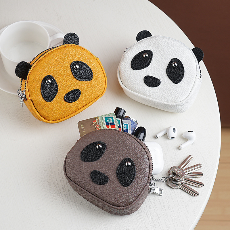 Cute panda pequeño bolso de cambio de cuero suave doble cremallera cabeza de monedas de cuero suave multifunción bolso de llaves para mujeres