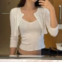 蕾丝少女七分袖拼接针织衫