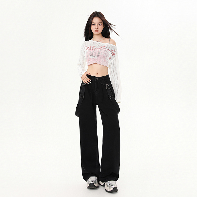 American Style High Street Trendy Slimming Washed Black Wide-leg Pants Bands Pants Shoulder Straps Age-reducing Denim Pants Design Sense