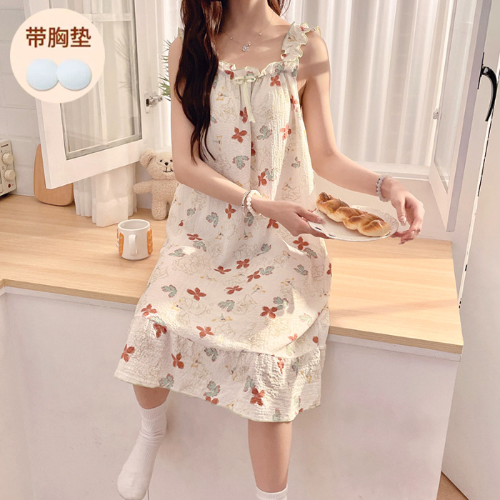 2024 pijama de verano burbuja arrugado ancho cinturón pijama para mujeres cojín de pecho fresco in viento estudiante ropa de hogar