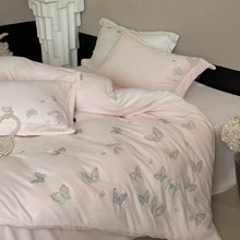 冬季少女心加厚牛奶绒四件套蝴蝶刺绣保暖床单床笠被套床上用品粉