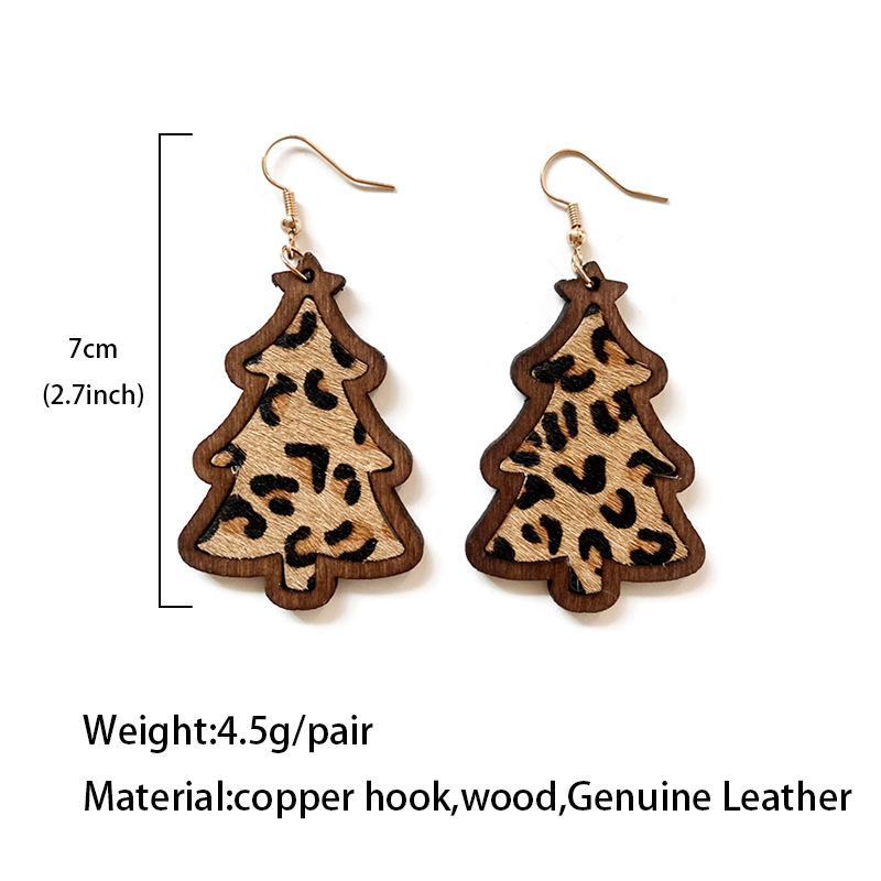 8g Weight 1 Pair Christmas Retro Christmas Tree Leopard Wood Drop Earrings