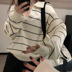 条纹Polo领羊毛针织衫女秋冬季新款设计感宽松慵懒打底套头毛衣