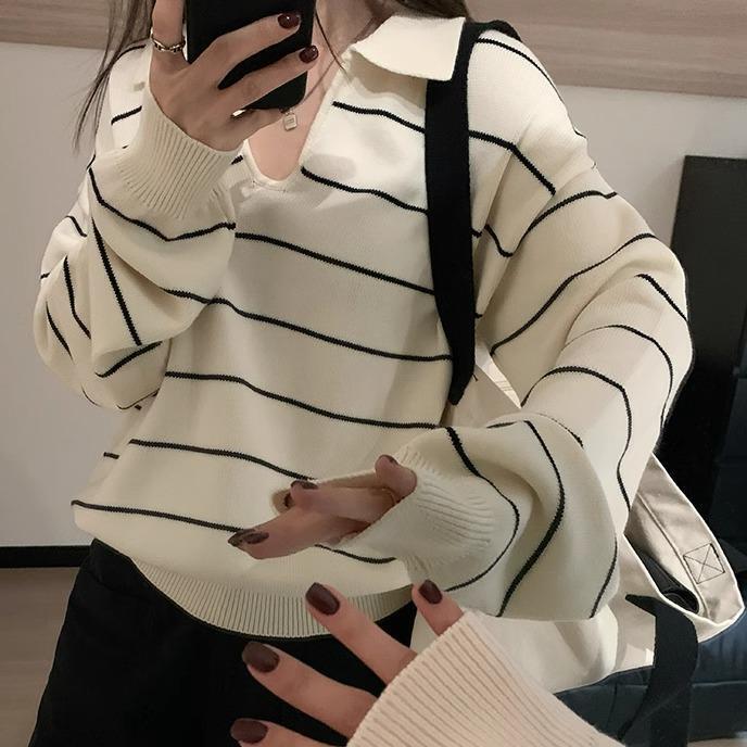条纹Polo领羊毛针织衫女秋冬季新款设计感宽松慵懒打底套头毛衣|undefined