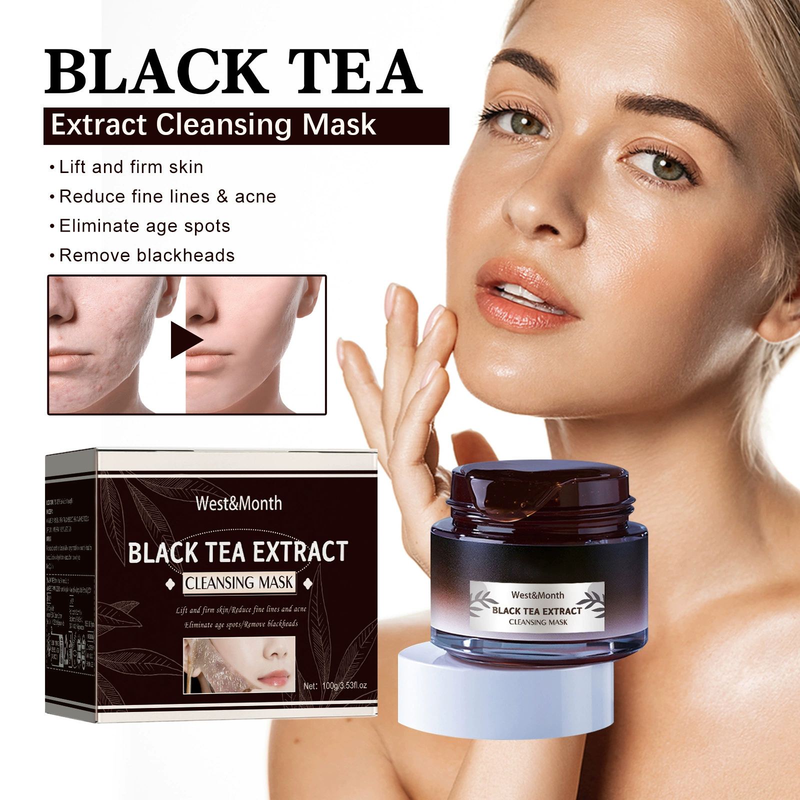West & Month Маска с черным чаем Очищающая маска для нанесения пор Нежная маска для осветления пор