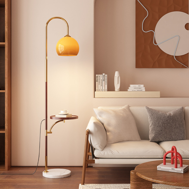 A medieval-style floor lamp for the living room, standing beside an American retro sofa, featuring an integrated design with a coffee table, suitable for the bedroom beside the bed.