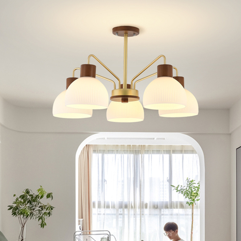Nordic 3-head 5-head living room dining room chandelier retro vintage log dining table bar glass lampshade hanging lamps