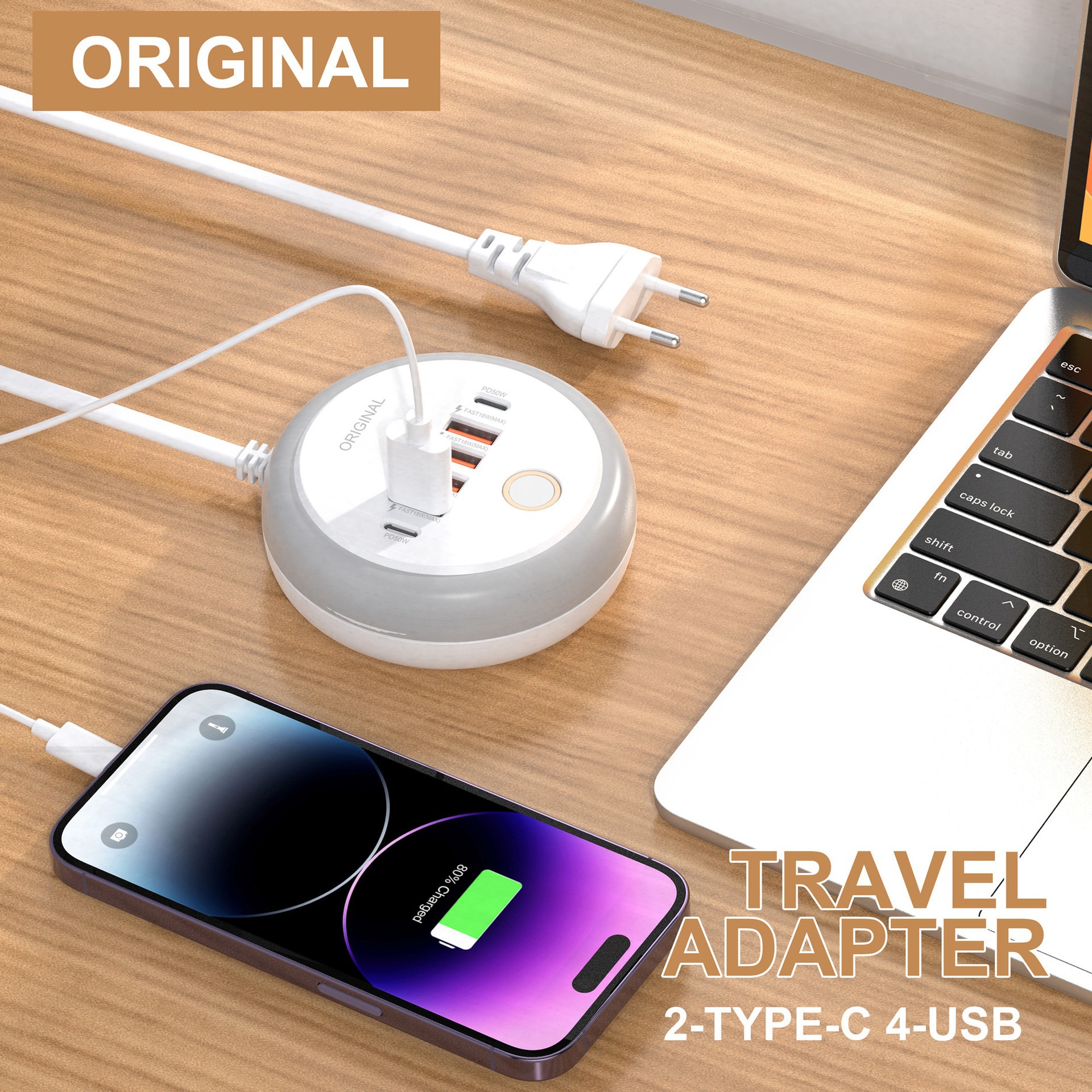 Sınır Ötesi Yeni Model Yuvarlak PD50W Çoklu Hızlı Şarj Çoklu Fonksiyonlu Aydınlatmalı Priz 4USB+Çift Type-C Akıllı Şarj Başlığı