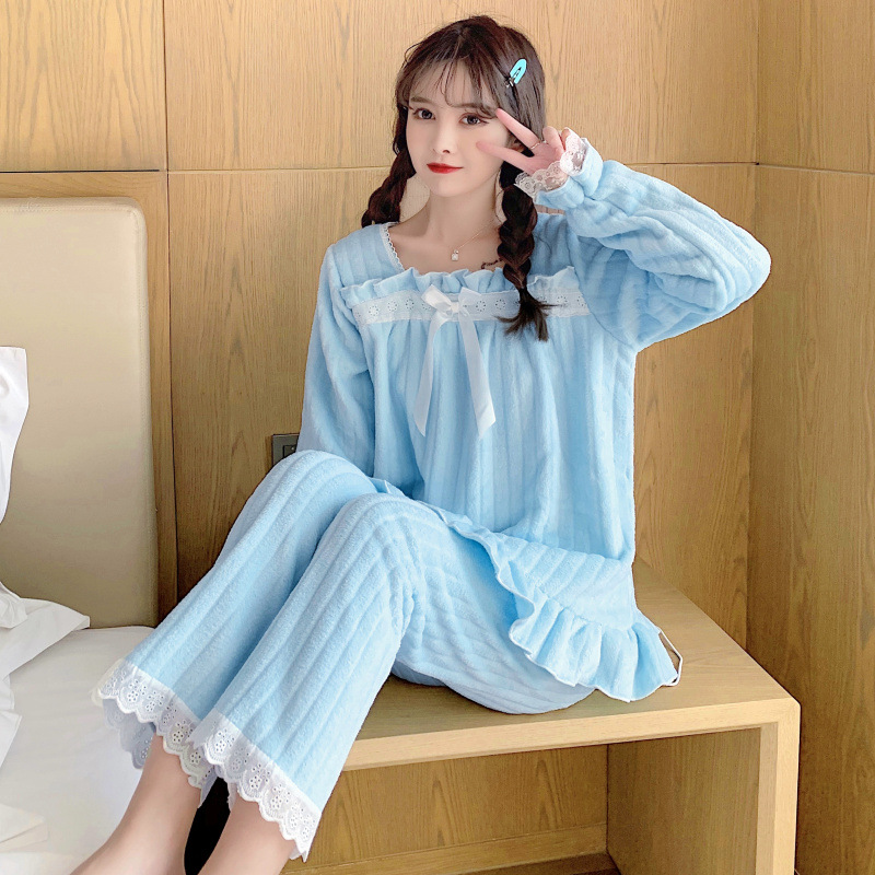 Simple azul nuevo pijamas de las mujeres de otoño e invierno cálido dulce hogar desgaste más tamaño engrosado forro de lana azul terciopelo coral terciopelo traje