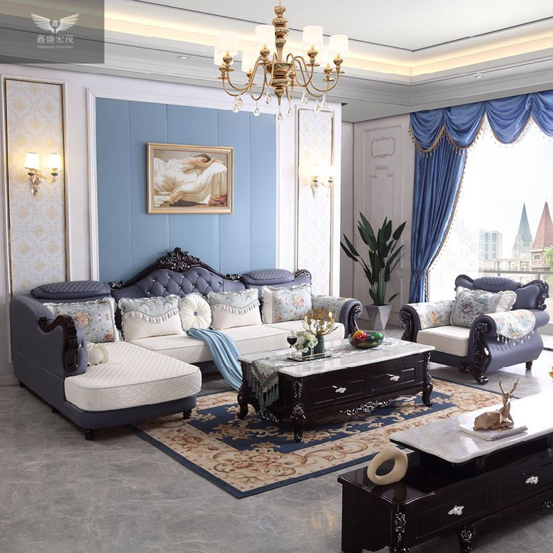 Sofá de tela de estilo europeo, sala de estar, combinación de esquina de la concubina real, apartamento grande y pequeño, sofá de tela de tecnología europea simple, extraíble y lavable