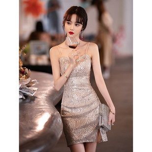 Small evening dress Women's annual meeting socialite shiny silver sequined simple night club KTV sexy dress