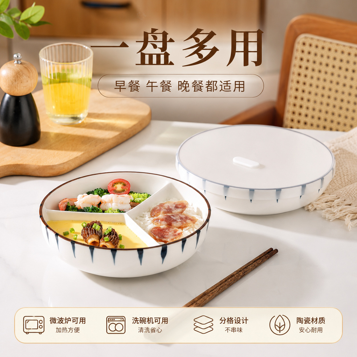 蒸碗电饭煲分隔餐盘多格陶瓷蒸盘加深三分格蒸锅专用碗食品级