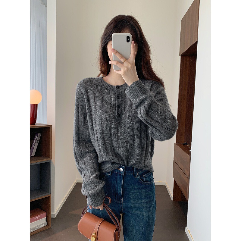 Autumn and Winter Korean Style Fluffy Warm Button-Down Henry Crew Neck Comfortable Simple Long-Sleeve Knit Sweater New Top Autumn and Winter Korean Style Fluffy Warm Button-Down Henry Crew Neck Comfortable Simple Long-Sleeve Knit Sweater New Top