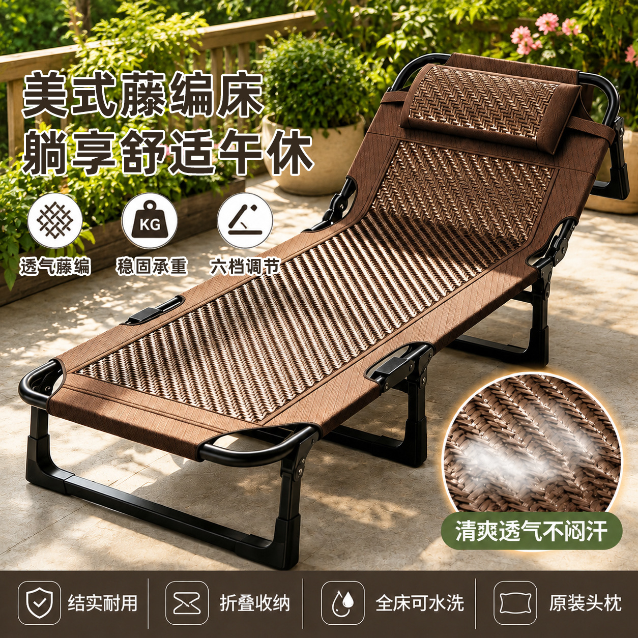 办公室阳台折叠床家用简易午休藤编躺椅便携多功能陪护行军躺椅