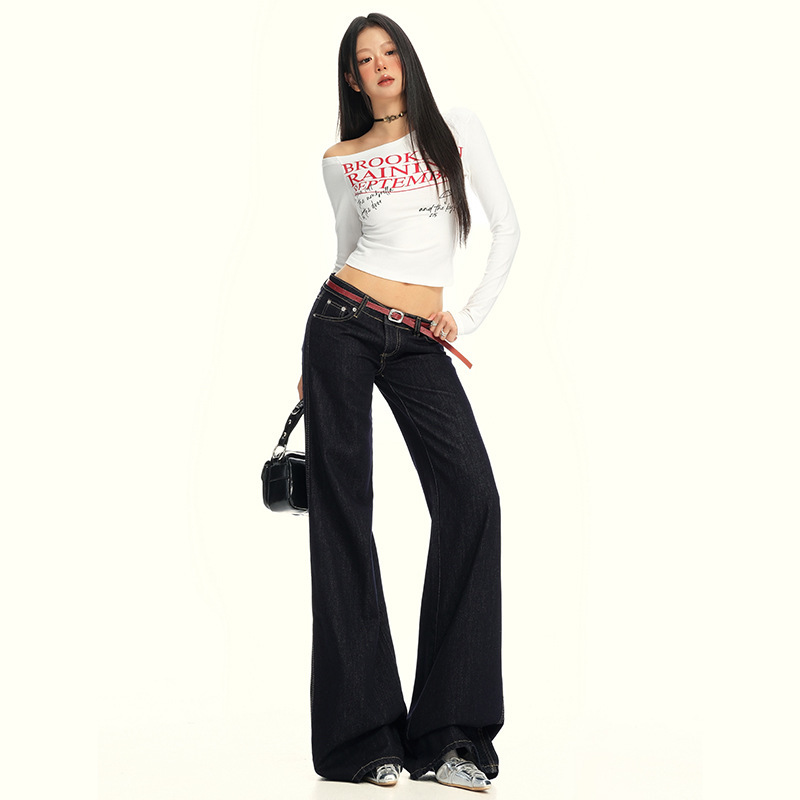 American-Style Dark Blue Straight-Leg Flared Jeans for Women, New Autumn Low-Rise Petite Loose Slimming Floor-Length Pants American-Style Dark Blue Straight-Leg Flared Jeans for Women, New Autumn Low-Rise Petite Loose Slimming Floor-Length Pants