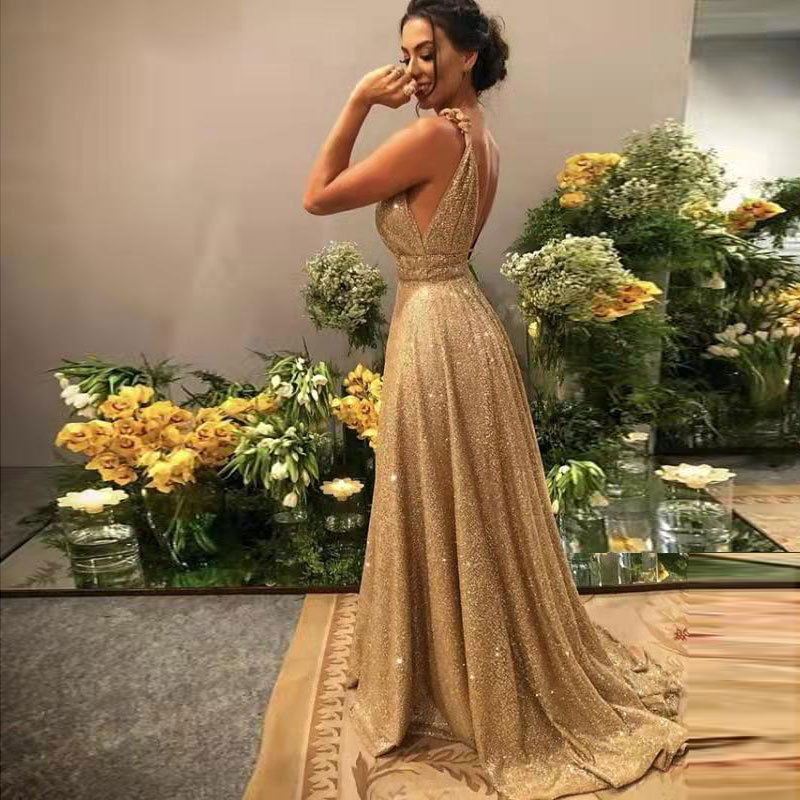 Europeo y americano Amazon AliExpress deseo Comercio exterior nuevo profundo cuello en V vestido largo sin mangas vestido de noche