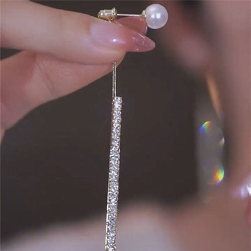 Alto grado completo diamante borla pendientes de las mujeres luz lujo cara adelgazar exquisitos pendientes de perlas aguja de plata diseño pendientes simples