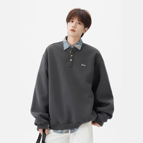 American-style embroidery Henry collar hoodie for men and women, winter loose warm and thick coat, youthful casual long-sleeved top