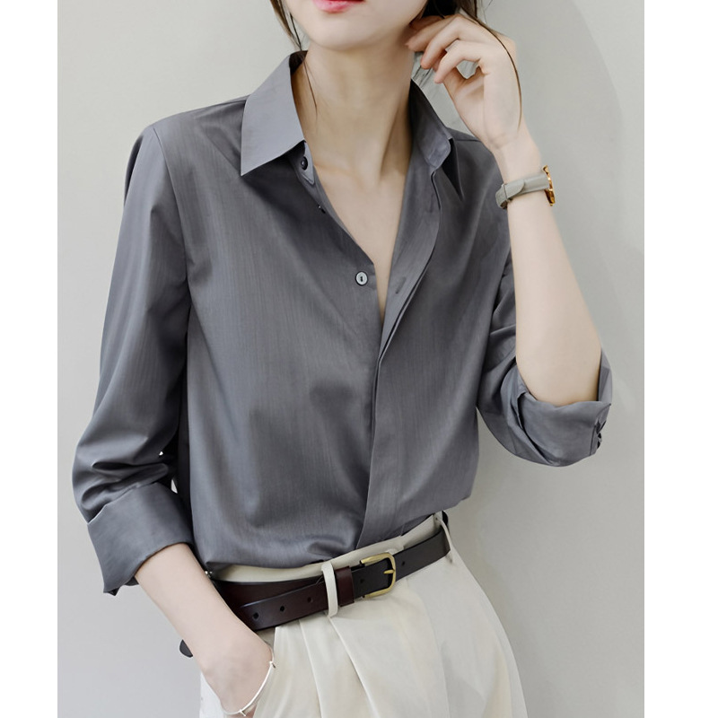 Autumn gray loose-fitting long-sleeve shirt with hidden buttons for women, suitable for business and professional commuting, elegant and chic with a high-end feel Autumn gray loose-fitting long-sleeve shirt with hidden buttons for women, suitable for business and professional commuting, elegant and chic with a high-end feel