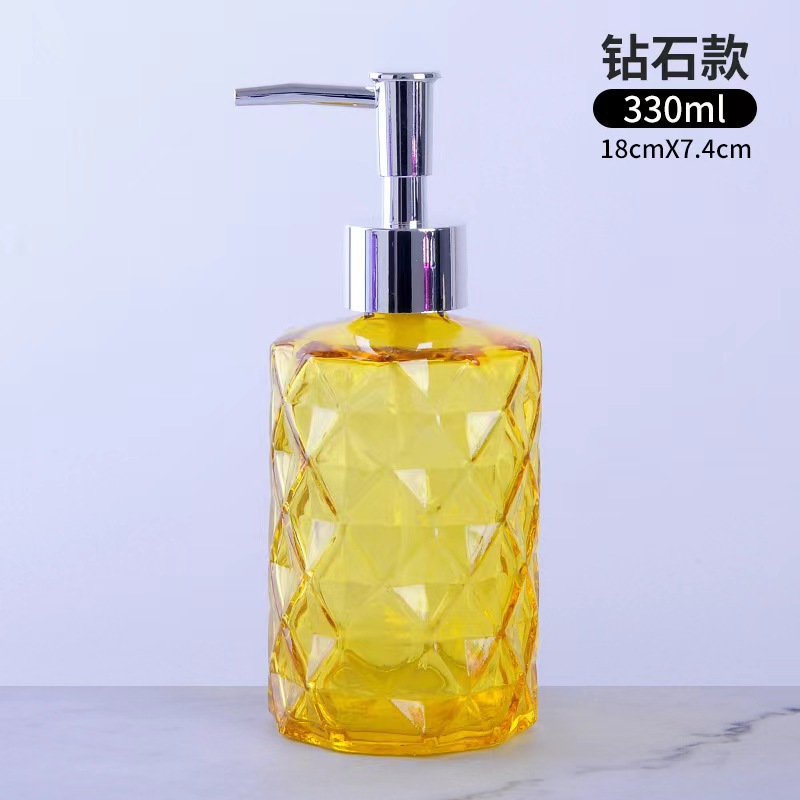 Fabricante al por mayor de botellas de vidrio transparente de 350 ml, botella de vidrio para loción, gel de ducha, botella de desinfectante de manos con forma de diamante, creativa