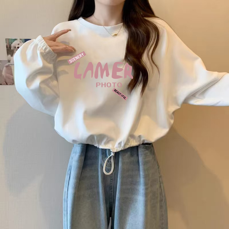 2025 Hoodless Drawstring Thin Sweatshirt Spring & Fall Preppy Korean Style Lazy Loose Long-Sleeved Short Top Women Ins 2025 Hoodless Drawstring Thin Sweatshirt Spring & Fall Preppy Korean Style Lazy Loose Long-Sleeved Short Top Women Ins