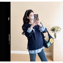 孕妇衣服藏青色上衣春秋季长袖2025新款大码假两件拼接藏蓝色卫衣