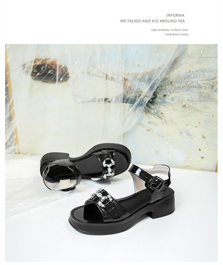 Sandal cao gót nữ da bò đế dày quai ngang đính đá — màu đen chi tiết 22